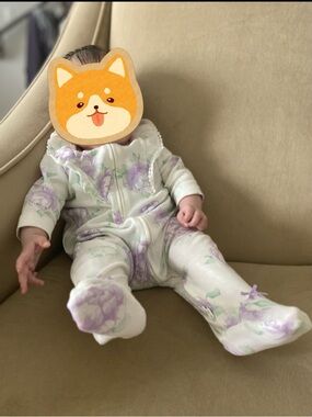 Little Me Floral Kids Long Sleeves Footies with Hat - Purple and Cream Size 6M